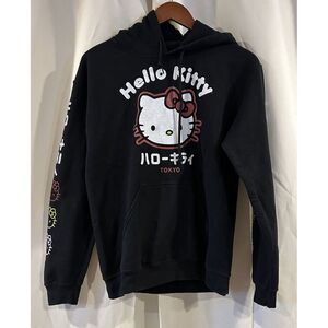 Hello Kitty Hooded Sweatshirt Small Tokyo Kanji Black Graphic Long Sleeve Unisex